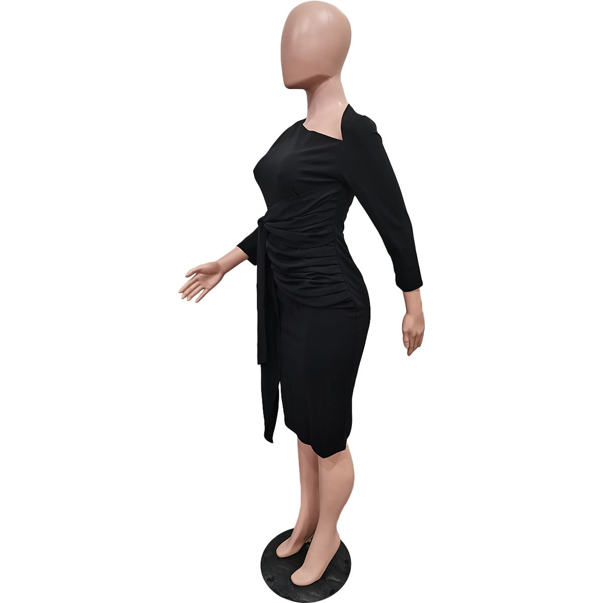 Women Spring Solid Lace-Up Ruched Slash Shoulder Dress 14