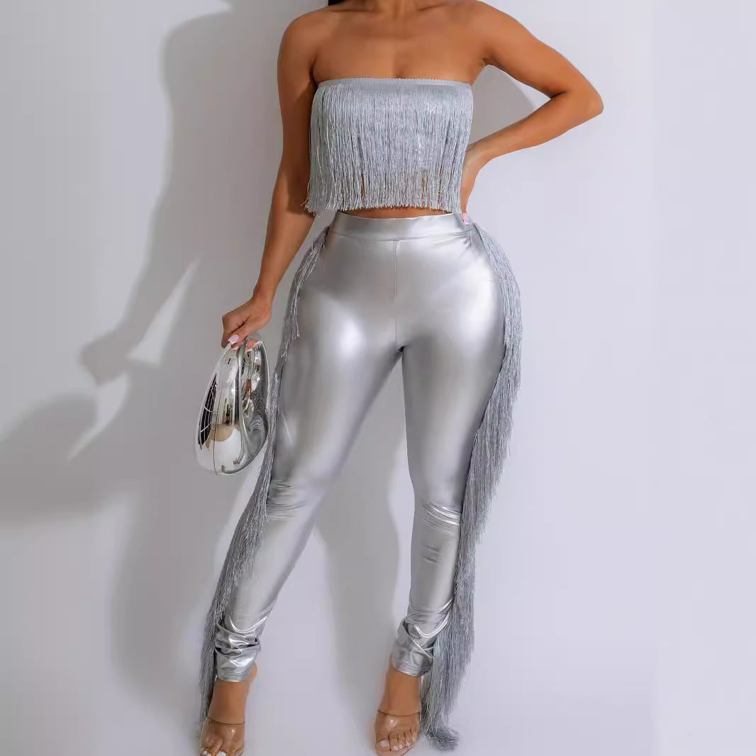 Sexy Strapless hollow tassel vest high waist Tight Fitting pants stretch leather two-piece set 6