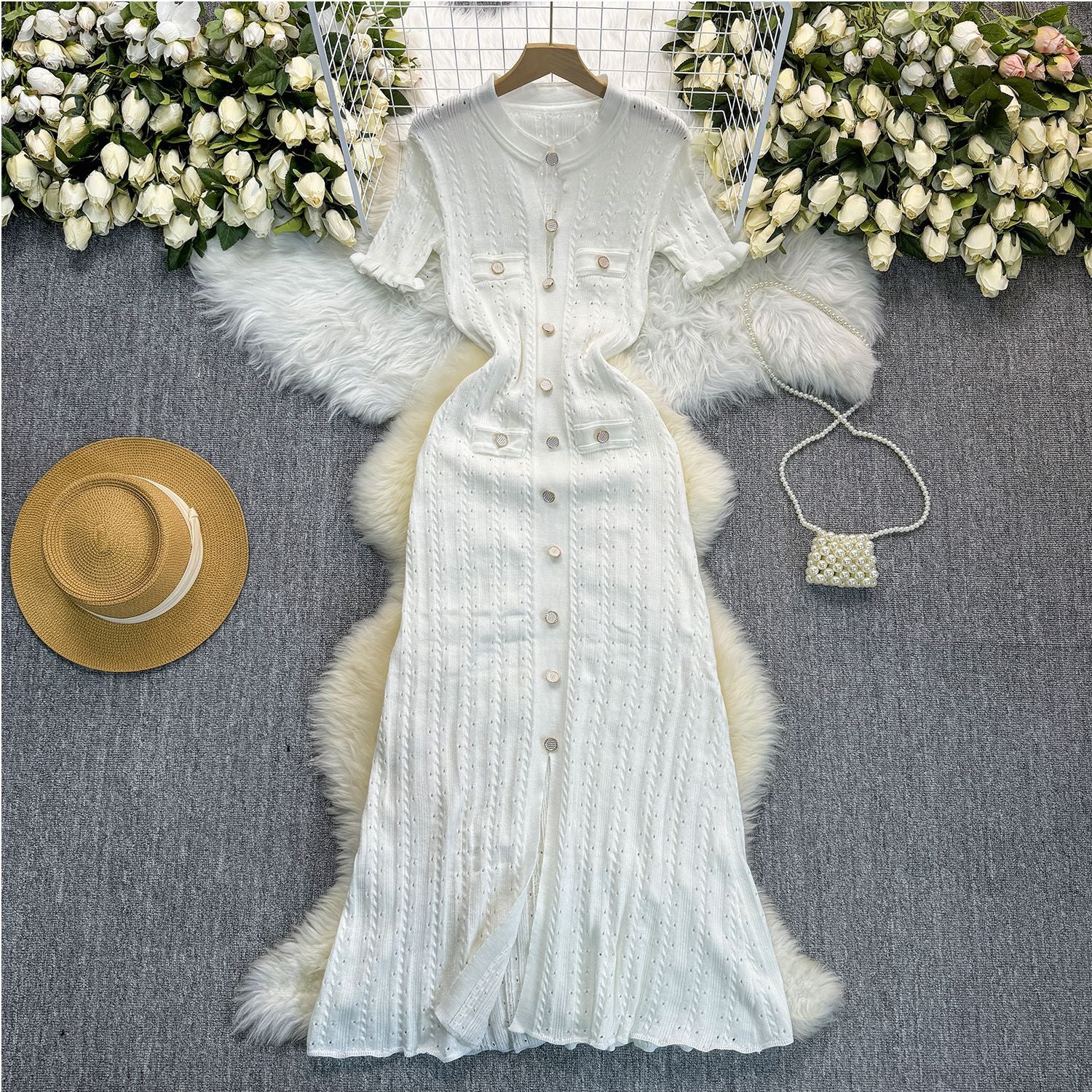 Women Hollow Wood Ear Lace Sleeve Button Dress 4