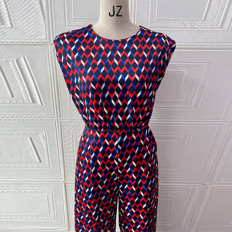 Women Summer Sleeveless Diamond Plaid Wide-Leg Jumpsuit 7