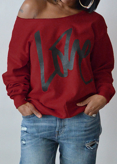 Love Letter Printed Long Sleeve T-Shirt Sexy Off-Shoulder Women's Top 17