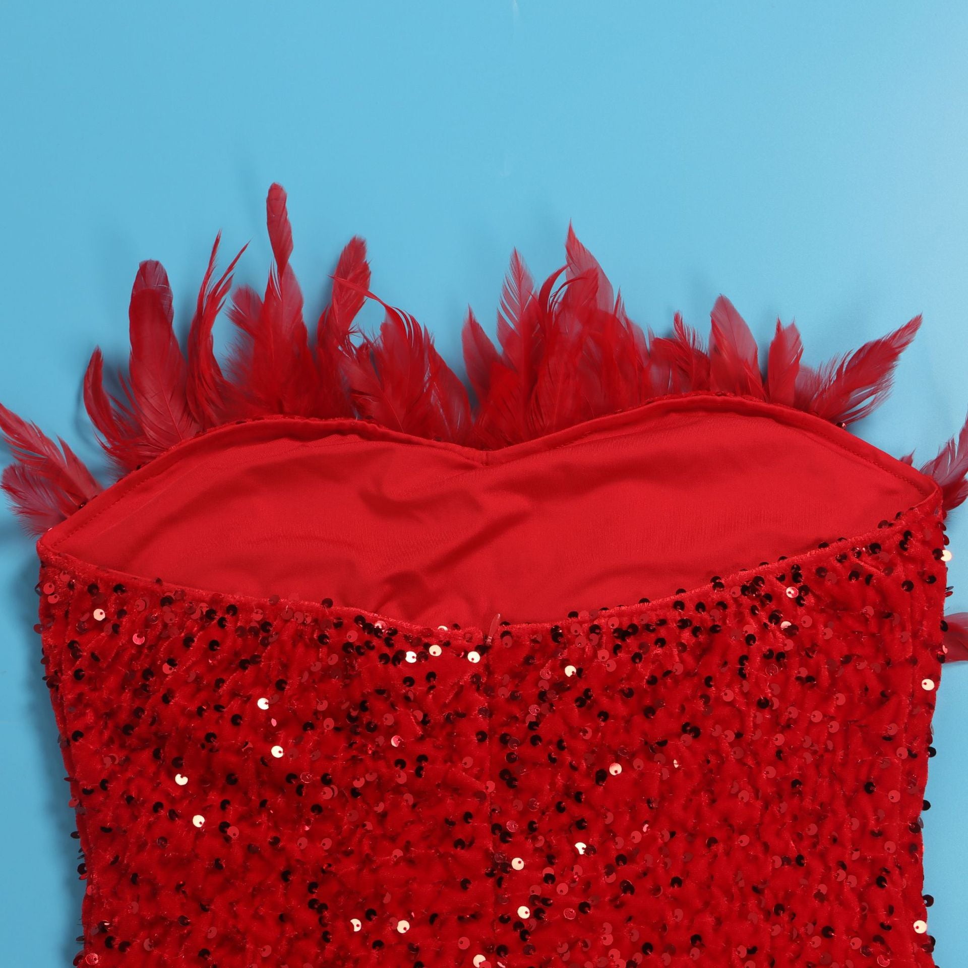 Sexy Feather Sequin Strapless Tight Fitting Slim Bodycon Dress 34