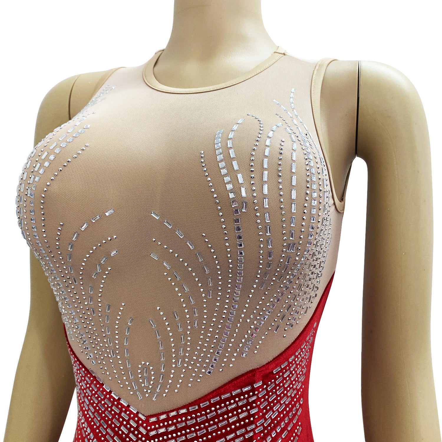 Spring Velvet Patchwork Mesh Beaded Sleeveless Nightclub Long Dress 22