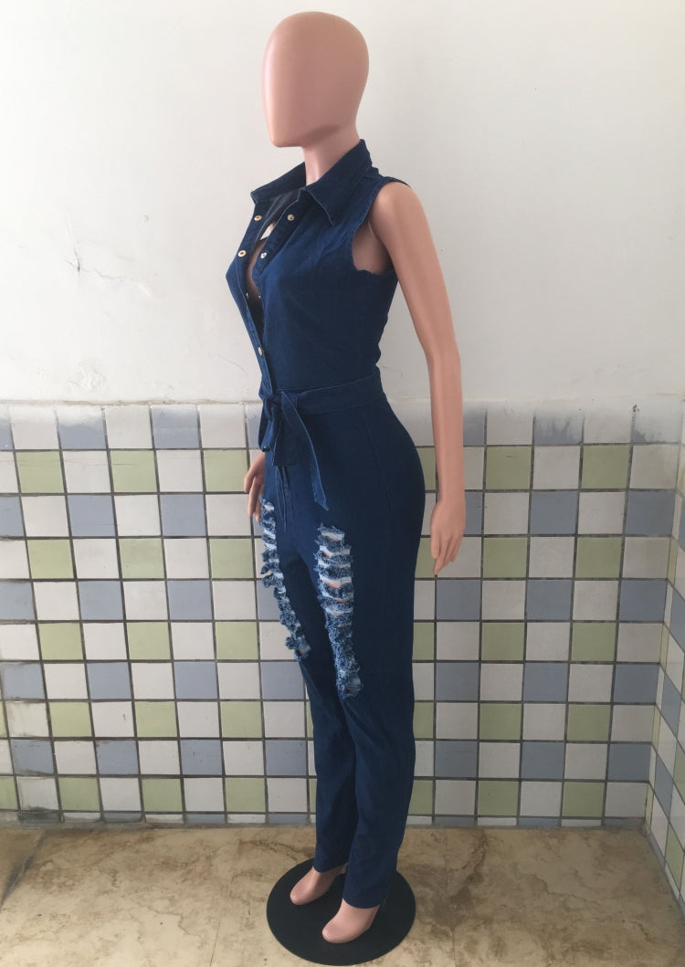 Summer Button Up Ripped Sleeveless Denim Jumpsuit with Belt 5