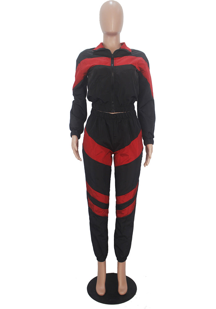 Women's Color Block Long Sleeve Trench Coat Pants without Pocket Set