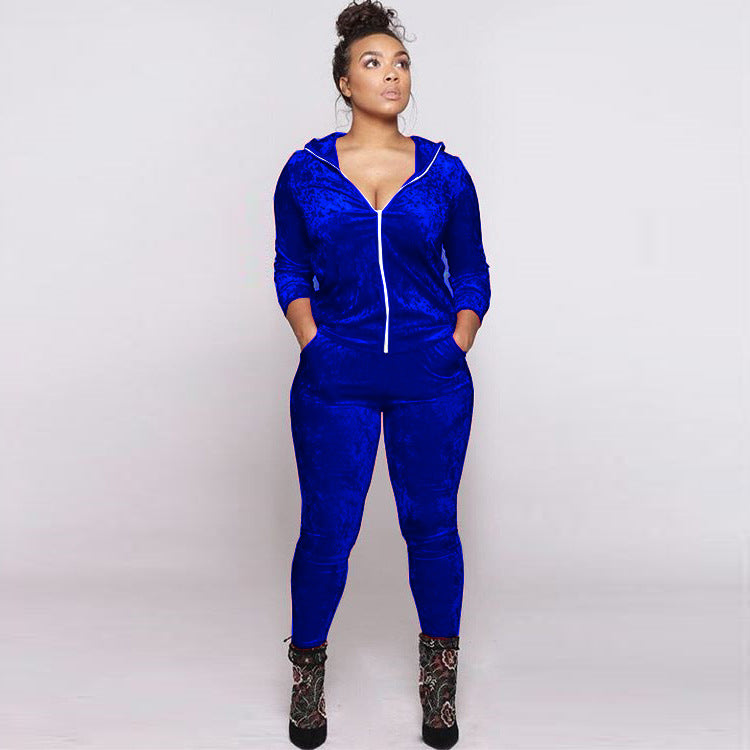 Women Fall and Winter Casual Velvet Hooded Zippered Top Long Pants Two-piece Set 8