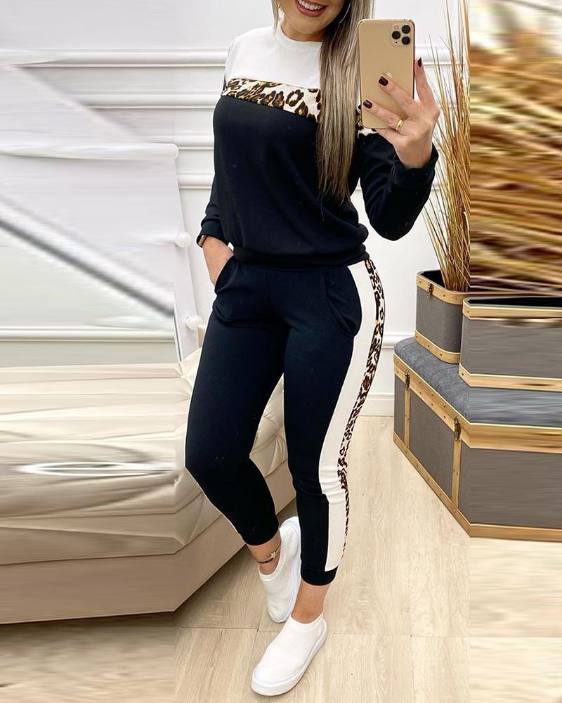 Women's Leopard Print Patchwork Casual Long-Sleeved Two Piece Pants Set 3