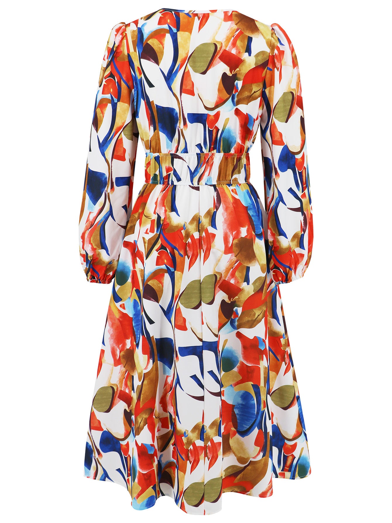 Women's Chic Print Slim Waist Long Sleeve Midi Casual Dress 30