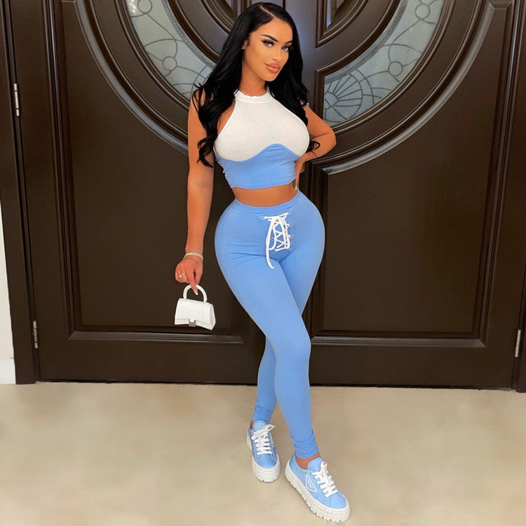 Women's Sexy Ribbed Suit Round Neck Tank Top Pencil Pants Lace-Up Two Piece Summer Set 10