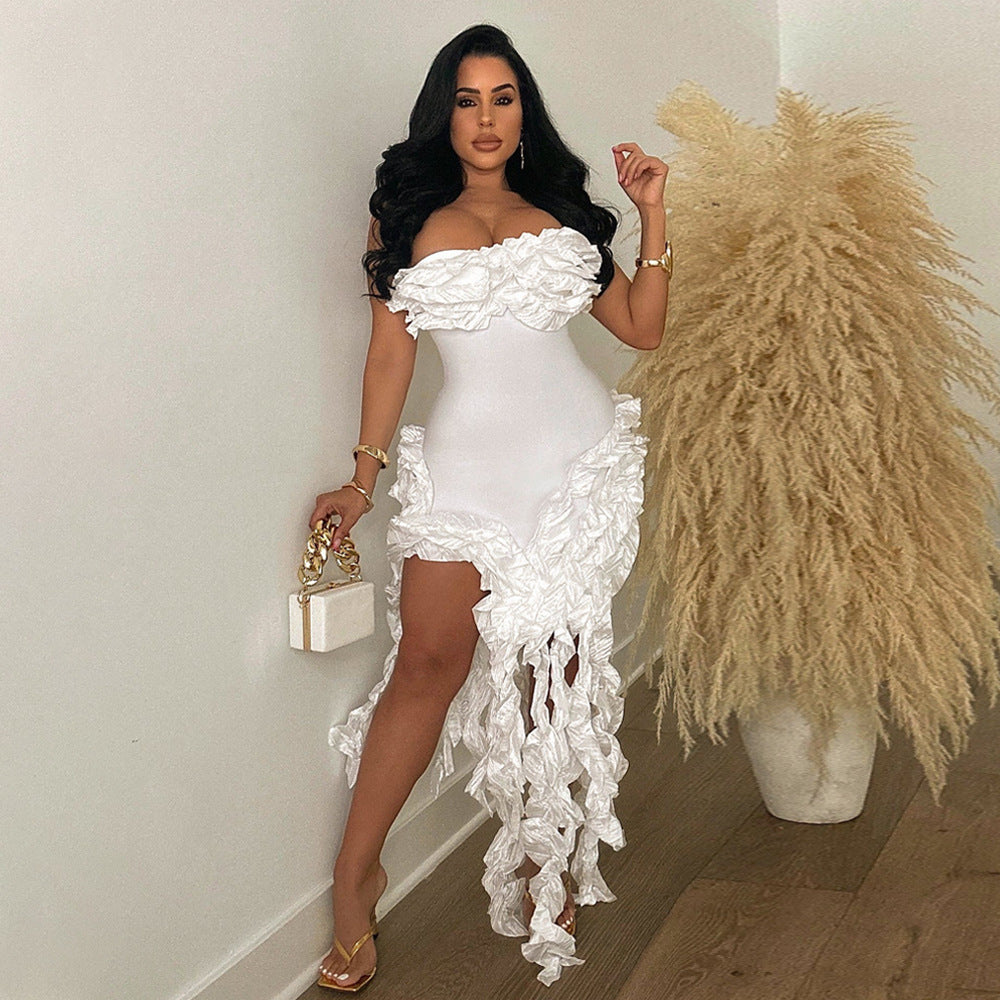 Strapless Solid Color Dress Sexy Irregular Fringed High Slit Dress 3