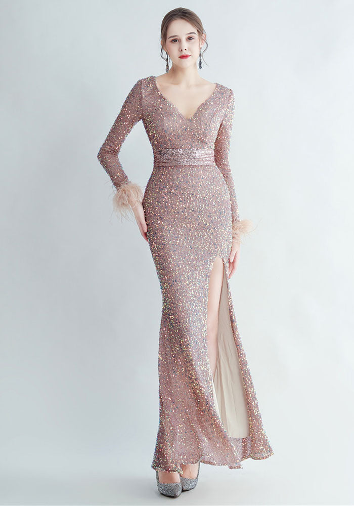 Women Ostrich Fur Cuff Side Slit Long Sleeve Sequined Mermaid Evening Dress