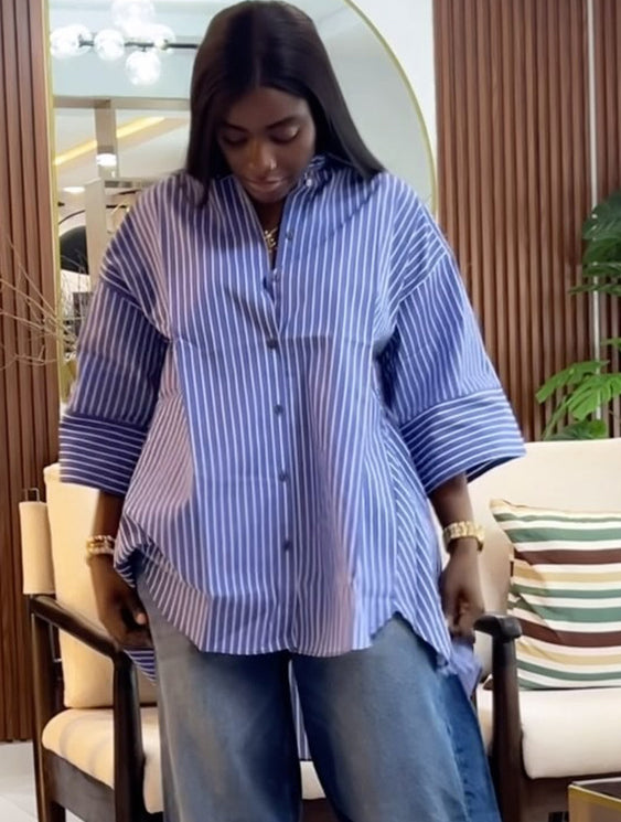 Women summer blue striped long-sleeved shirt Top