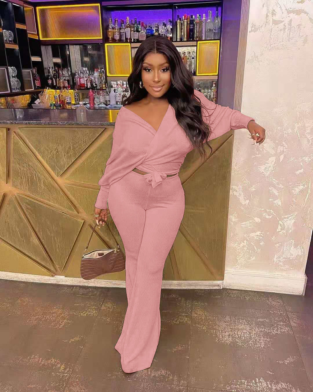 Fashionable Casual Solid Ribbed Loose-Cut Style Tie Bow Two Piece Set 6