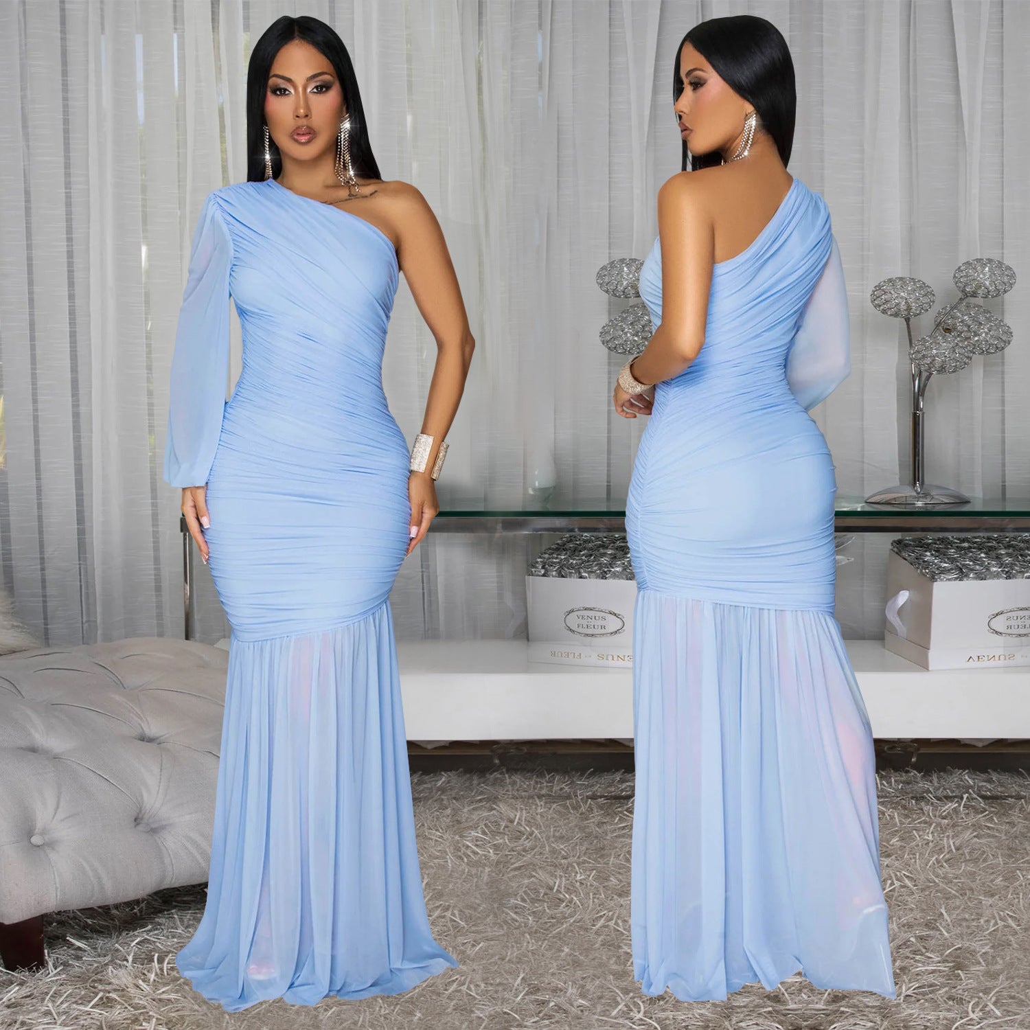 Women Sexy Slash Shoulder Mesh Dress 3