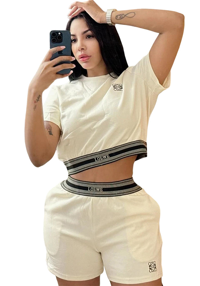 Women summer casual crop sports short-sleeved top and shorts two-piece set