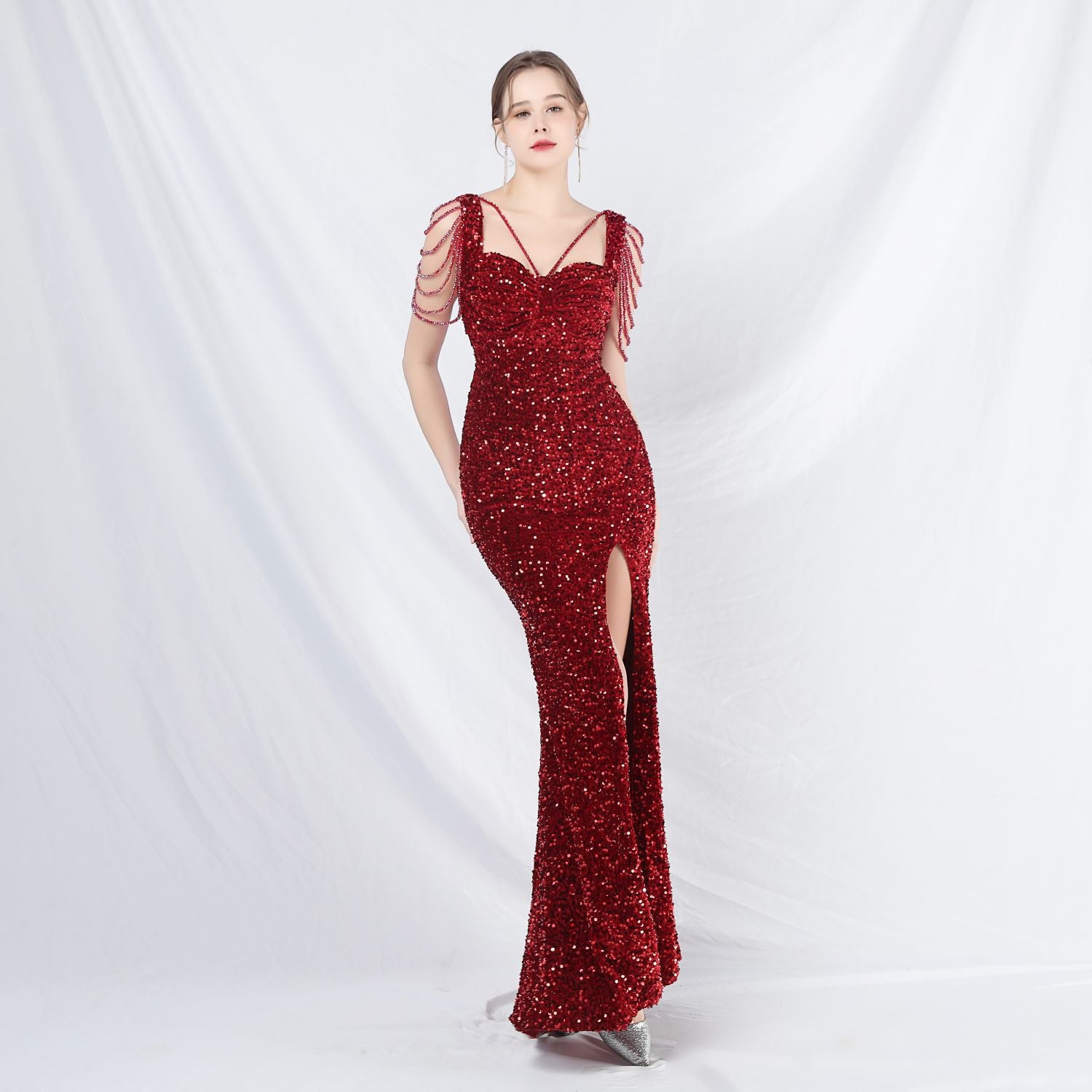 Celebrity Formal Occasion Velvet Beaded Long Evening Dress 10