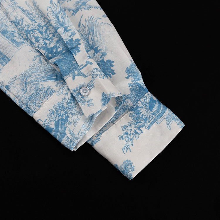 Women's Paint Print Turndown Collar Shirt High Waist Trousers Fashion Two-Piece Suit 16