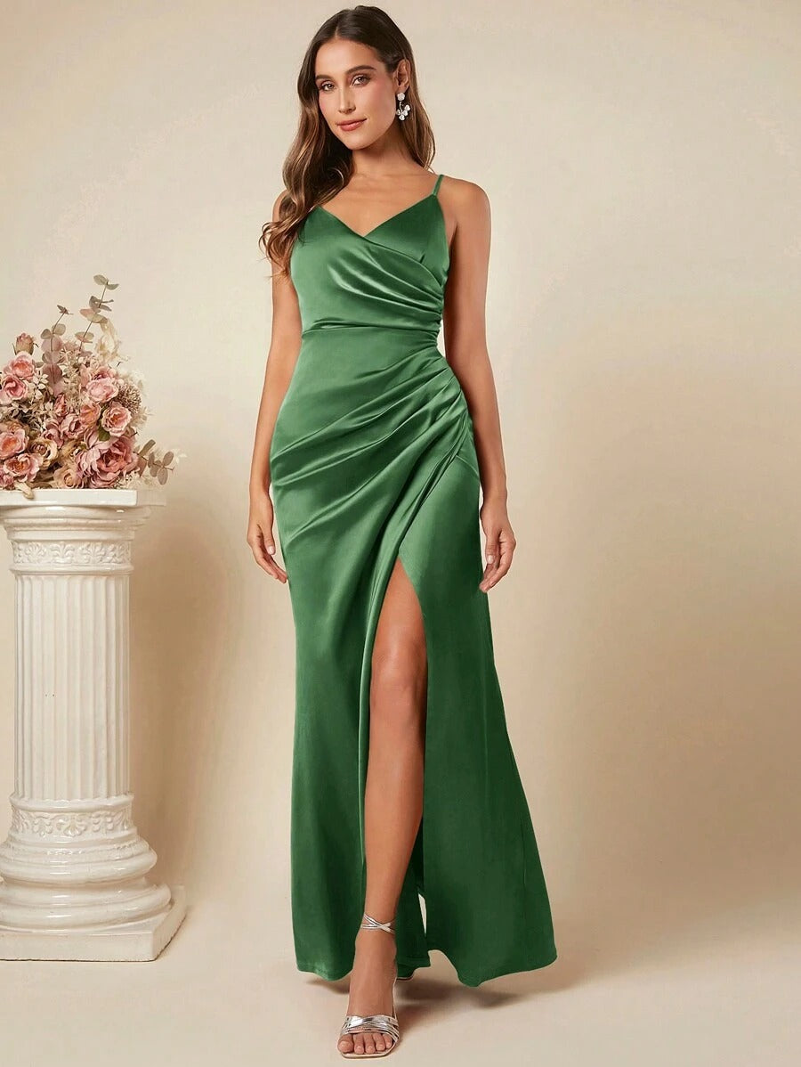 Women's Spring Summer Strap Satin Dress Sexy Pleated Bridesmaid Dress 6