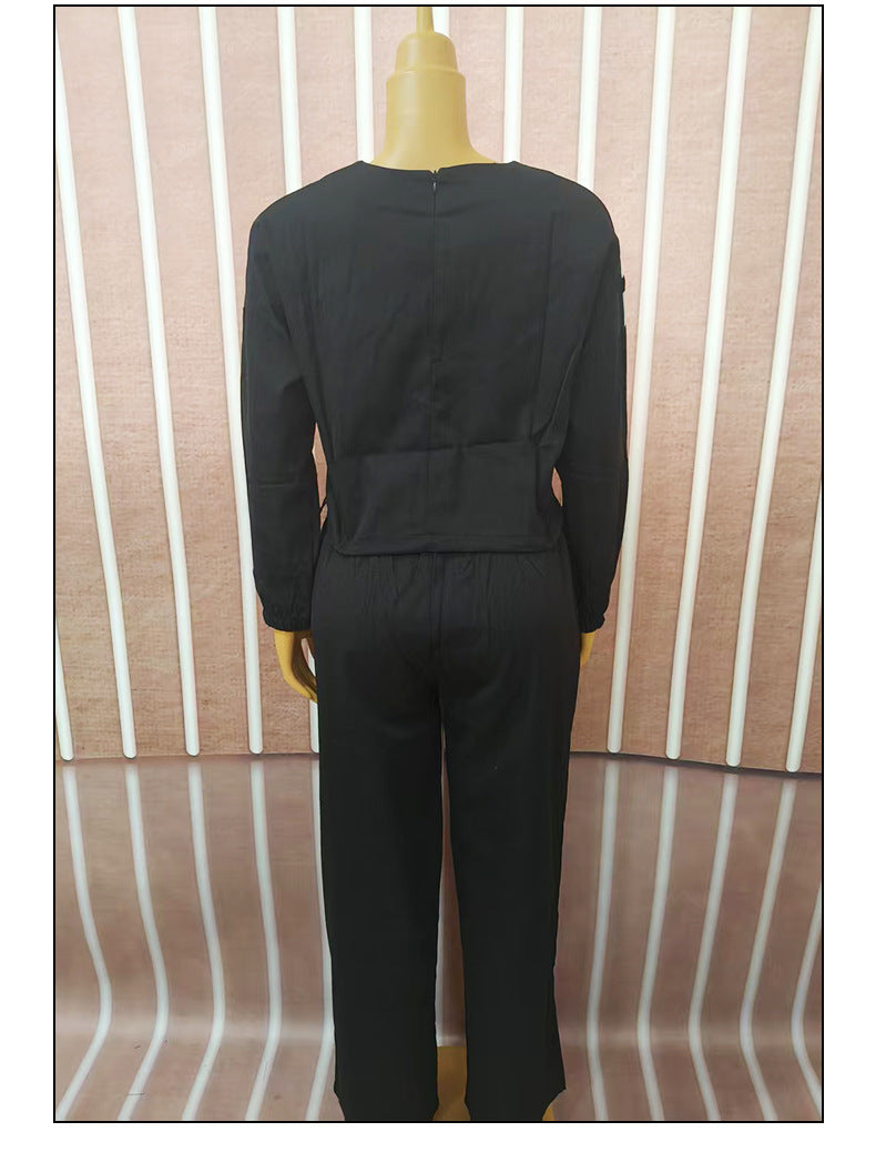 Women Contrast Color twill Casual Top and Pants Two-piece Set 11