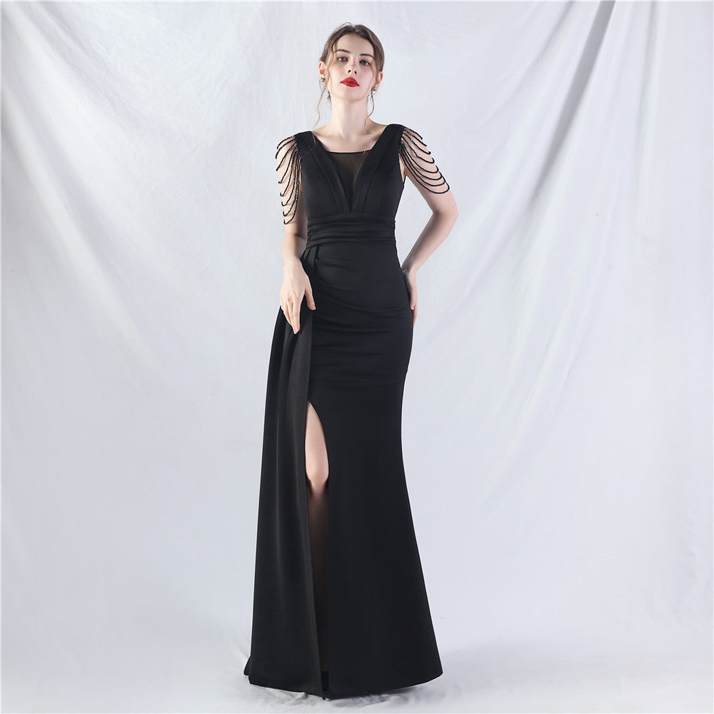 Women Satin Pleated Beaded Evening Dress 11