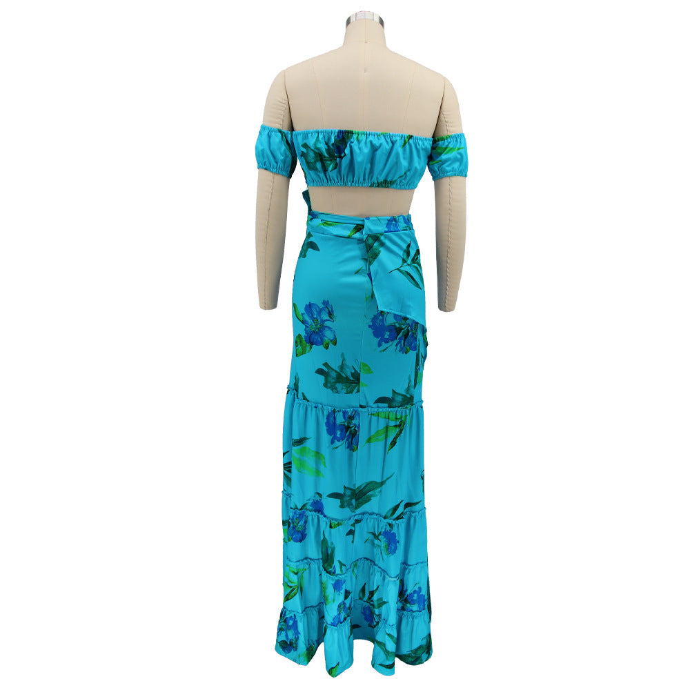 Women summer printed short-sleeved crop Top and slit Skirt sexy two-piece set 25