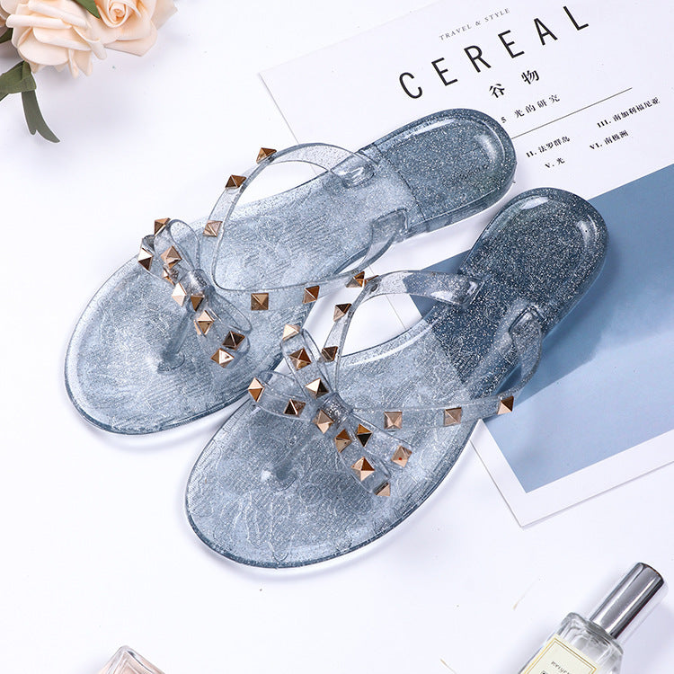 Women Rivet Shoes Bow Flip-Flops Summer Outwear Beach Flat Bottom Transparent Slippers 5