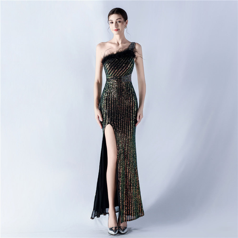 Women Beaded One Shoulder Slash Shoulder Split Sequin Evening Dress 7