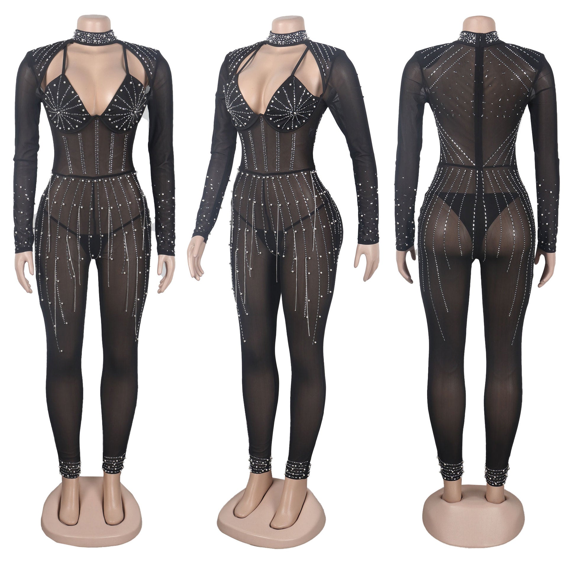 Sexy Beaded Pearl Strip Trendy Stretch Tight Fitting Jumpsuit 9
