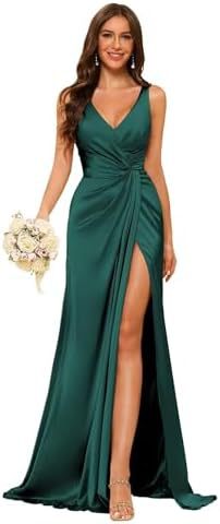 Women's Strap V-Neck Bridesmaid Dress Sleeveless Satin High Slit Prom Dress（Processing time need 3-6 days） 18