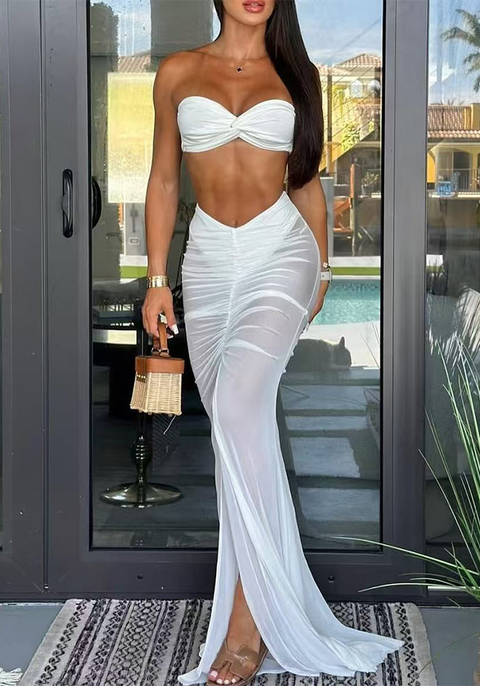 Women Summer Halter Corset See-Through Mesh Patchwork Slit Skirt Two-Piece Set