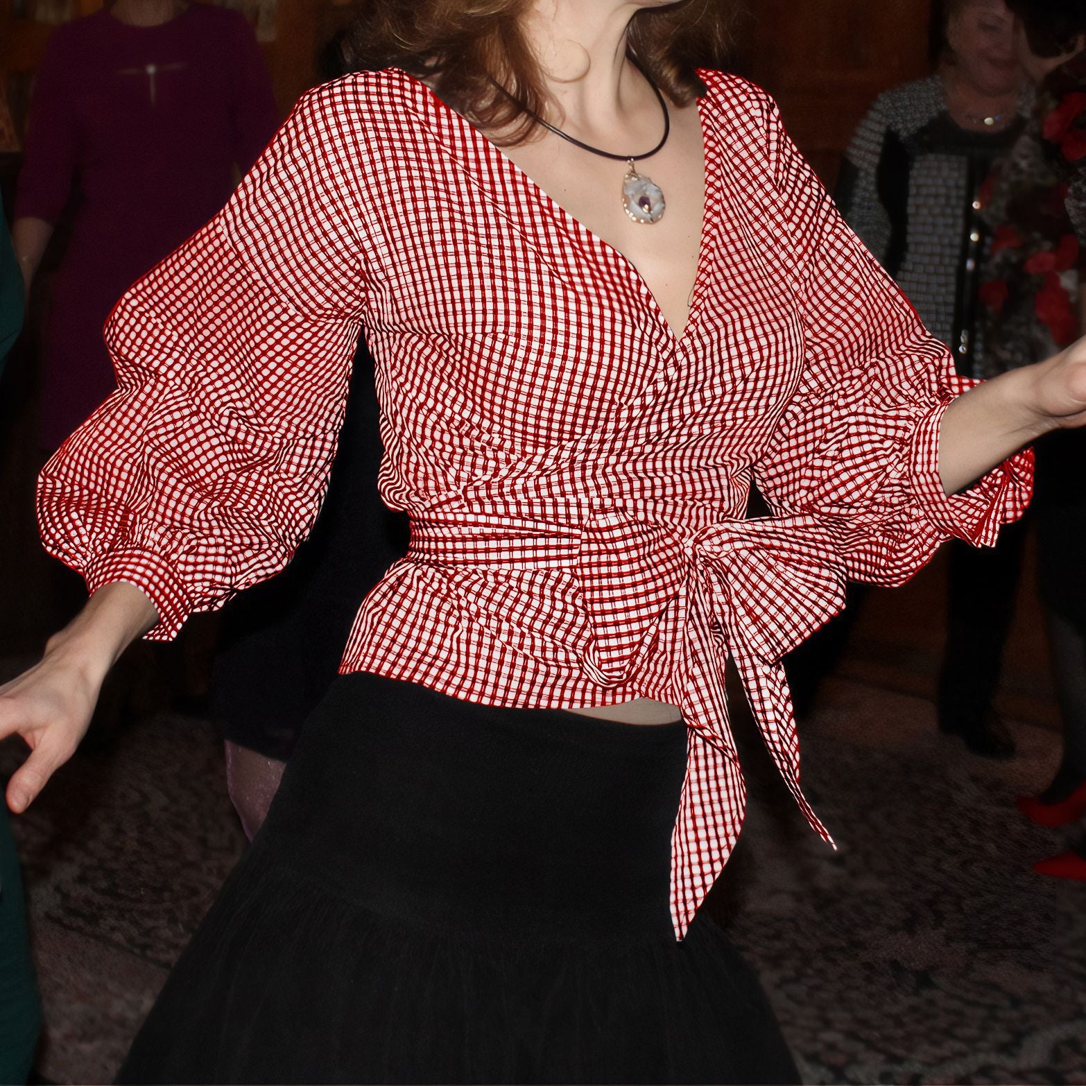 Summer Plus Size Fashion V-Neck Bubble Sleeves Lace-Up Plaid Shirt Top