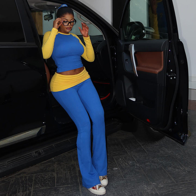 Women Contrast Raglan Long Sleeve Top and Folded Flared Trousers Two-Piece Set 11