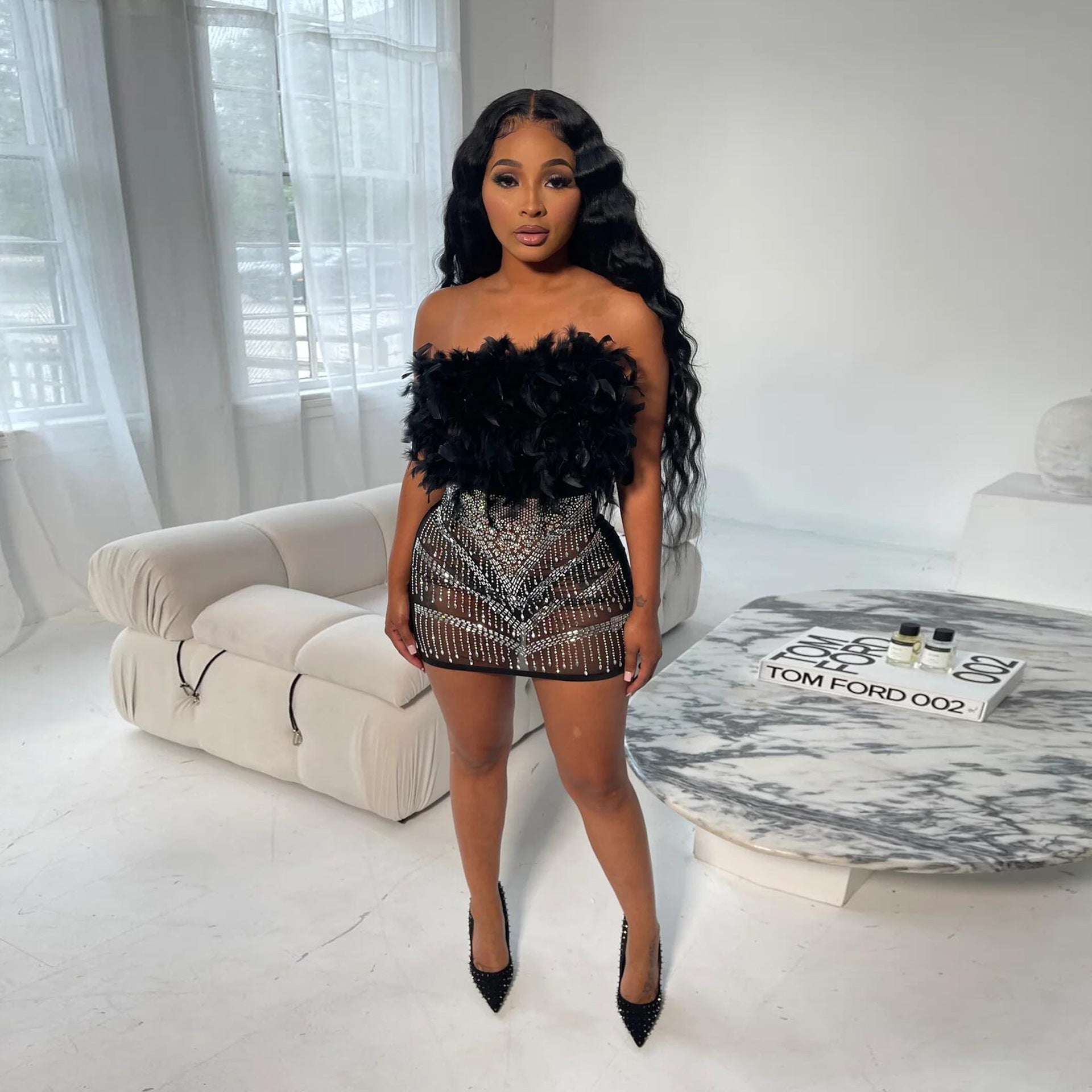 See-Through Slim Feather Beaded Sleeveless Strapless Bodycon Dress 6