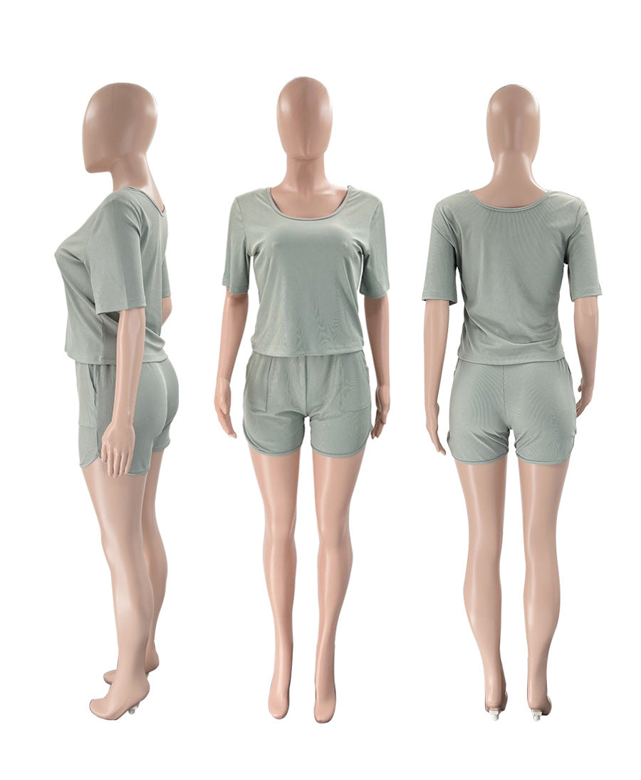 Summer Fashion Casual Sports Solid Color U-Neck Short Sleeve Two Piece Shorts Set Women's Clothing 10