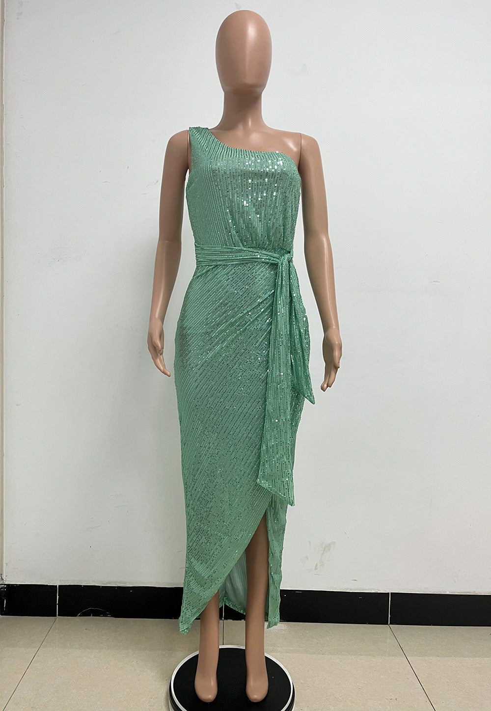 Women's One-Shoulder Lace-Up Sequined Evening Dress 95