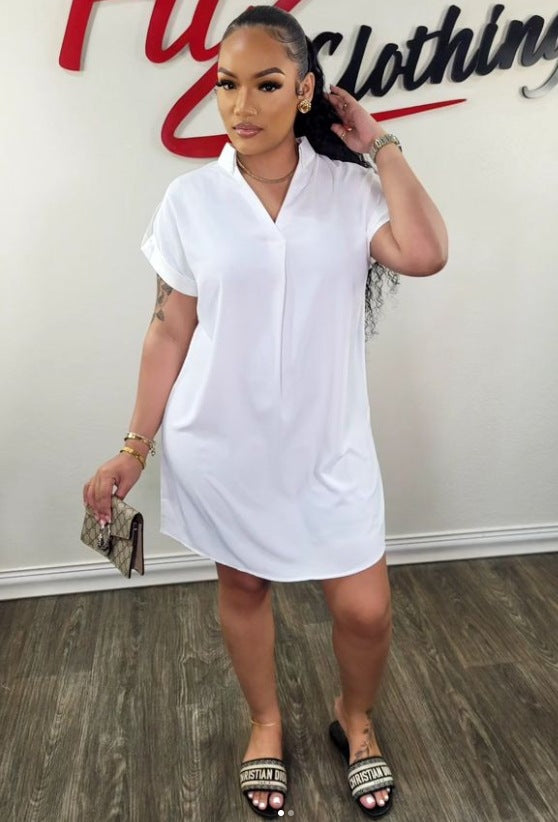 Women Sexy Solid V Neck Short Sleeve Turndown Collar Solid Dress 9