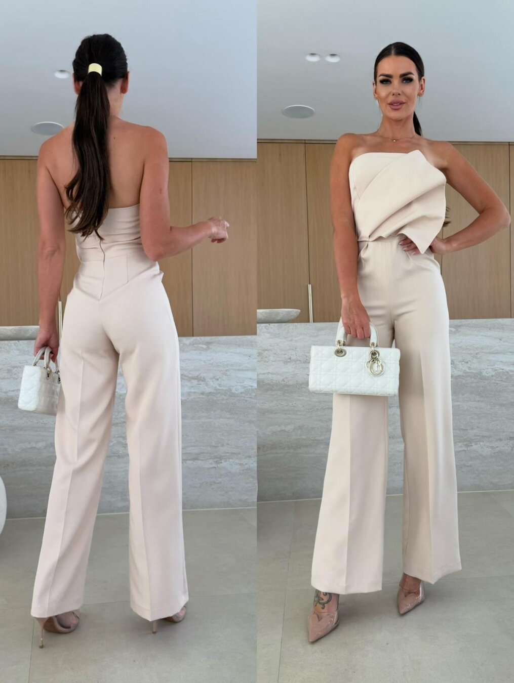 Solid Color Tight Fitting Strapless Low Back High Waist Wide Leg Jumpsuit 3