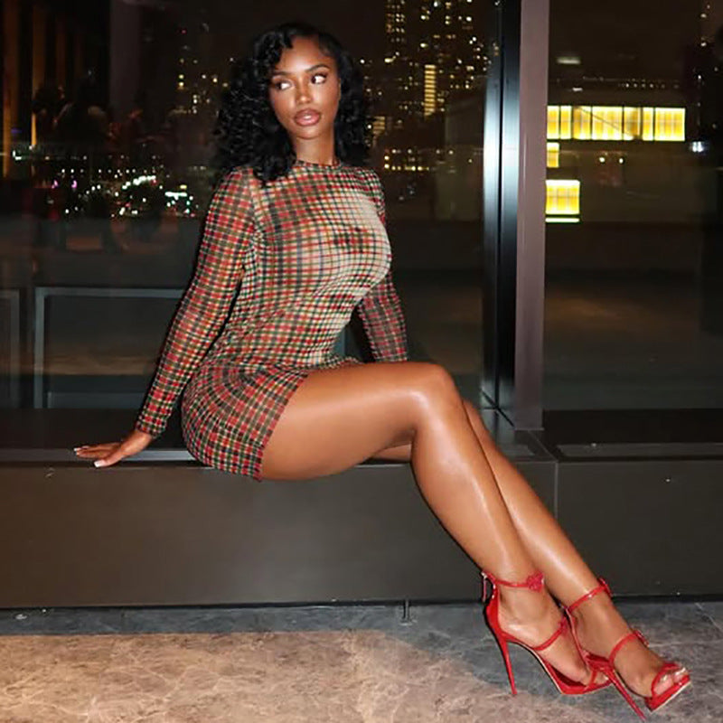 Women's Autumn Slim Fit Check Print Long Sleeve Bodycon Short Dress 4