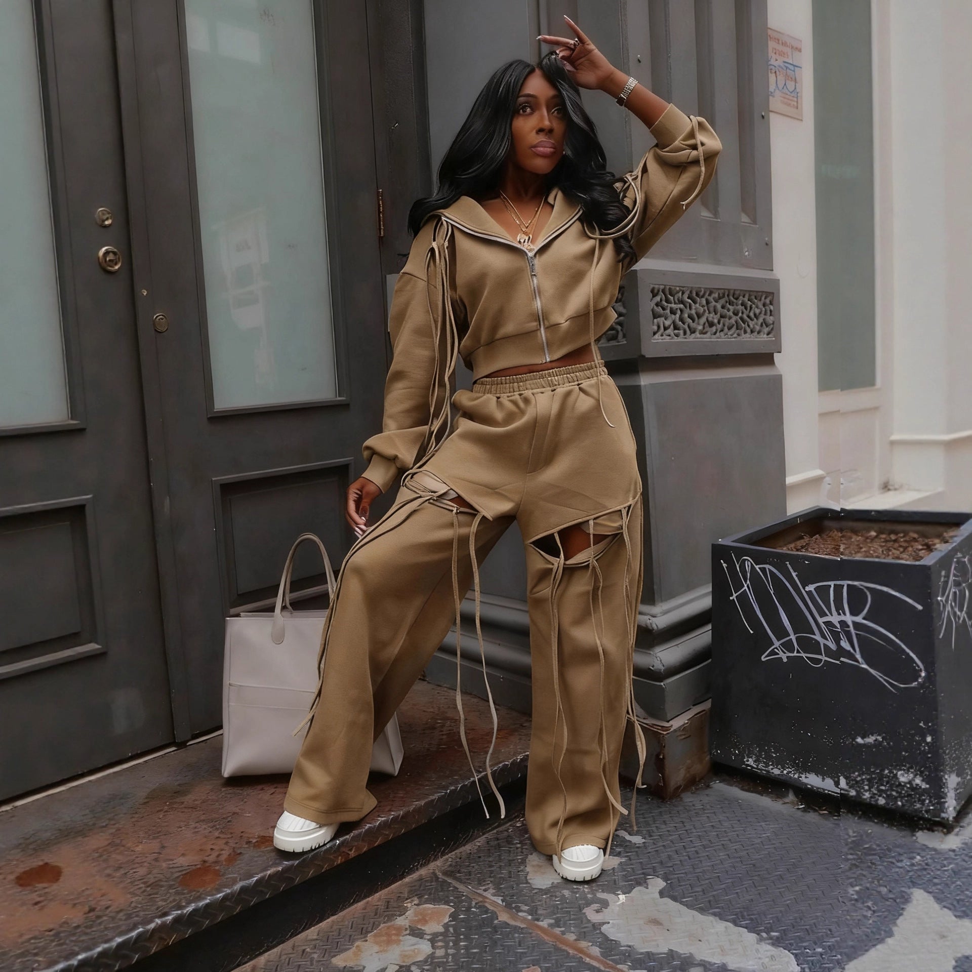 Women casual zipper hoodies and ripped wide-leg pants two-piece set 7