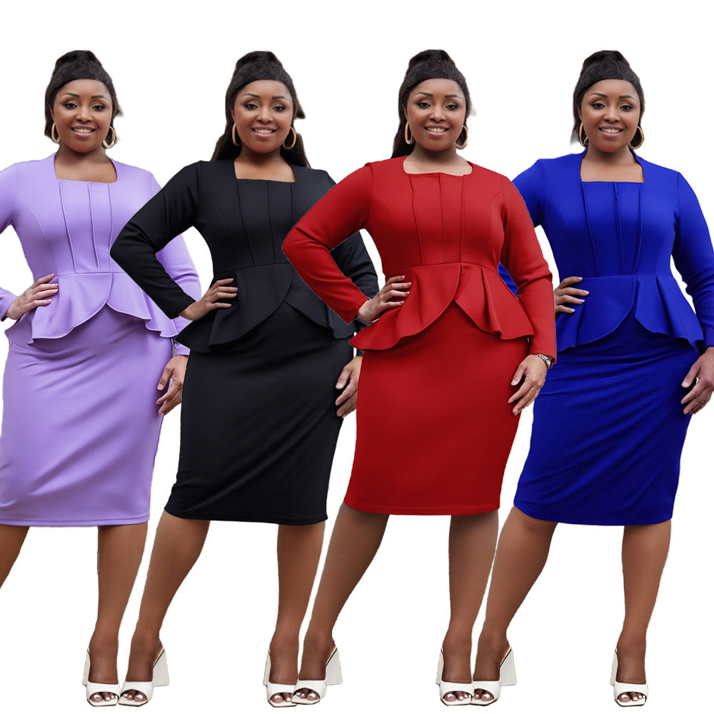 Plus Size Women deep U-neck long sleeve ruffled bodycon dress 14