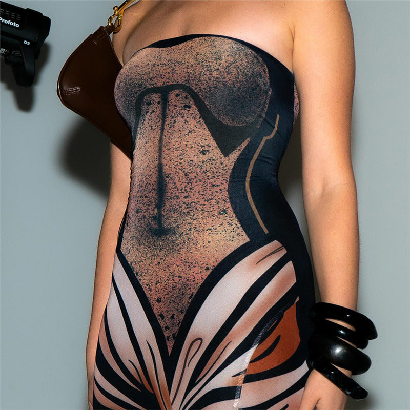 Women sexy Strapless Backless Print Maxi Dress 16