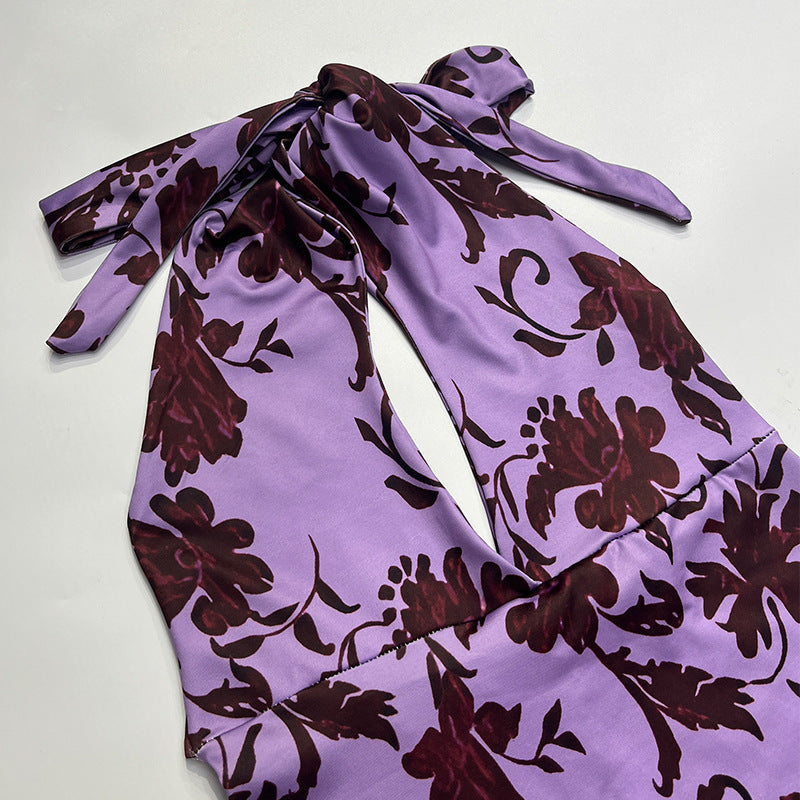 Spring Summer Women's Printed Halter Neck Lace-up Sexy Low-Back Slim Dress 12