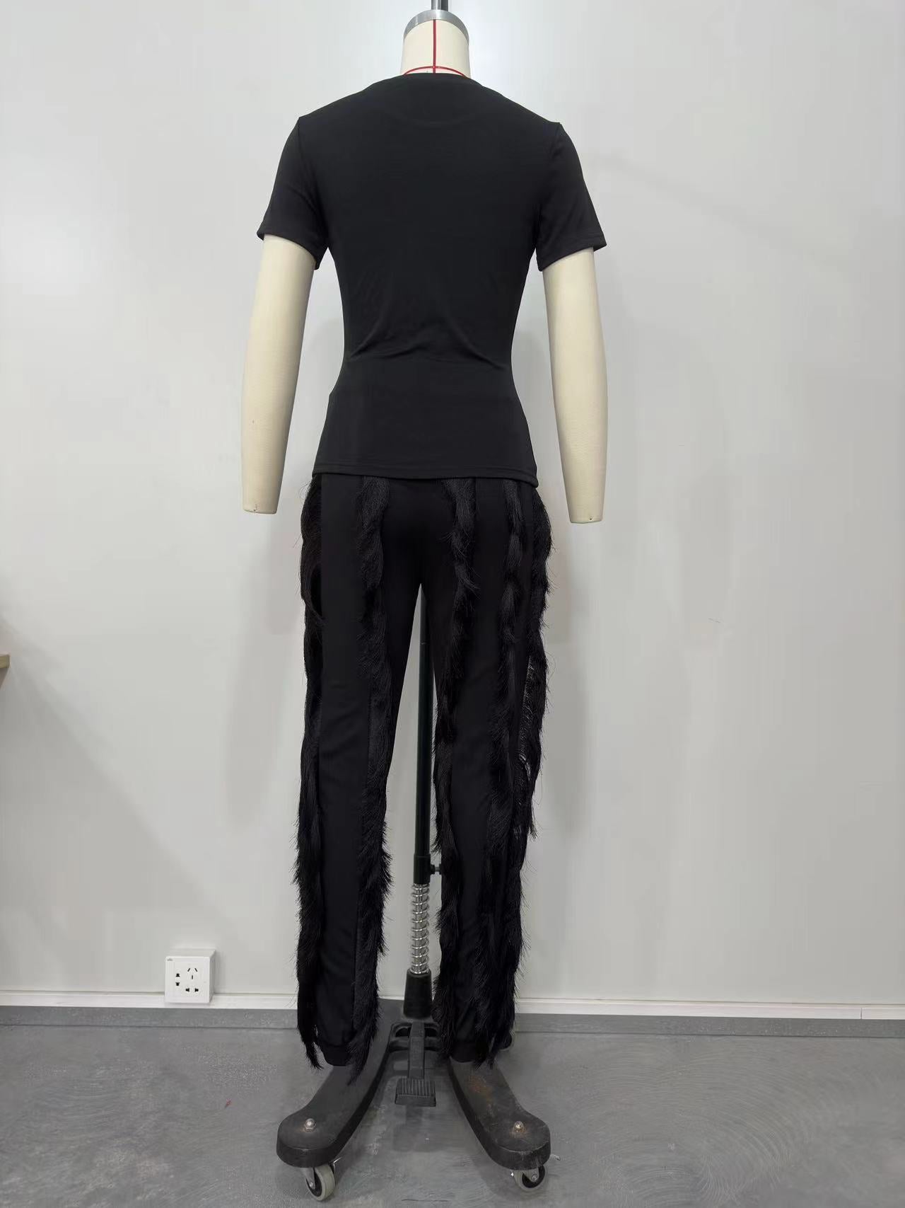 Ladies Suit Tassel Lace Fashion Multicolor Spring Summer Solid Color Sports Top + Pants Set 19