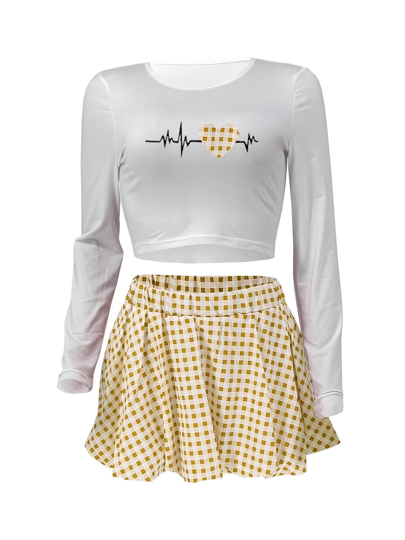 Women Casual Top and Plaid Flower Bud Skirt Two-piece Set 29