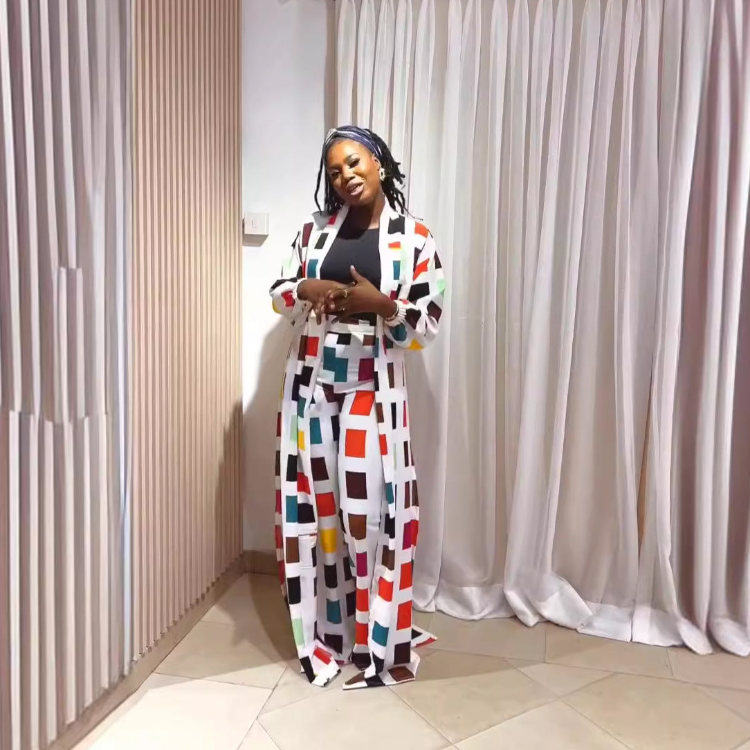 Women Casual Printed Slit Robe and Pant Two-piece Set 5