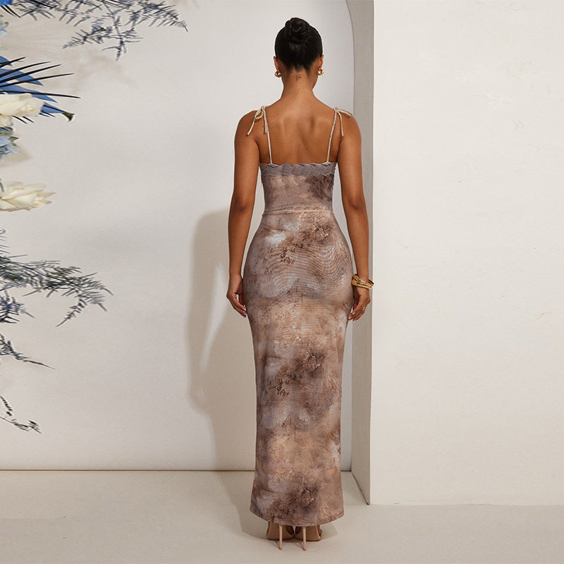 Women Spring Sexy Print Lace Strap Dress 5