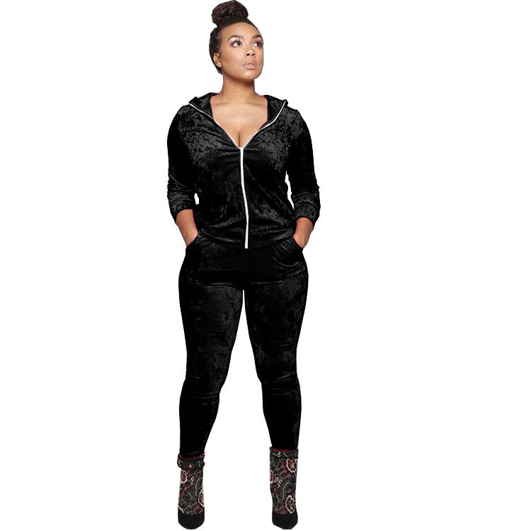 Women Fall and Winter Casual Velvet Hooded Zippered Top Long Pants Two-piece Set 11