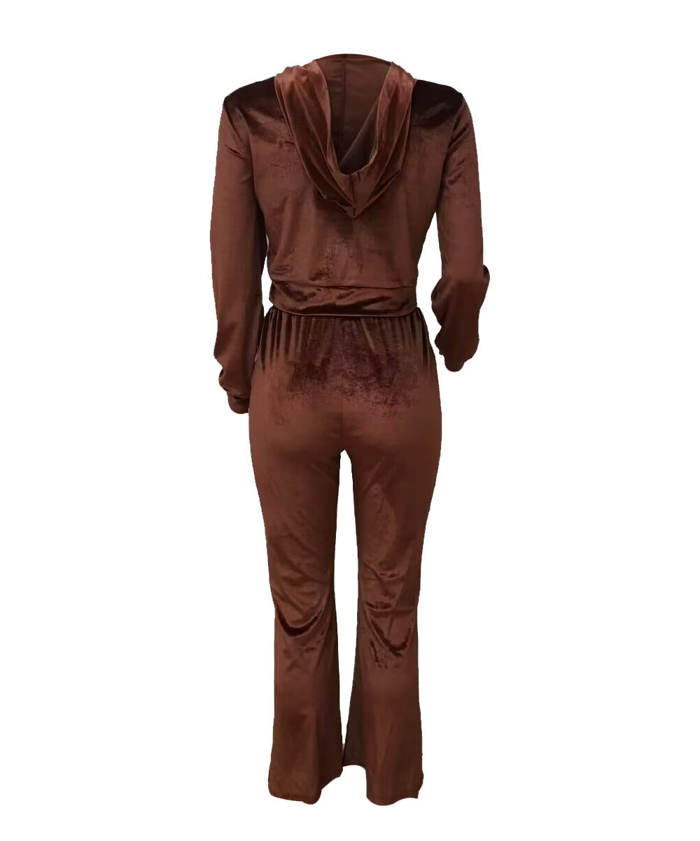 Winter Women velvet zipper hooded Top and Pant Casual two-piece set 7
