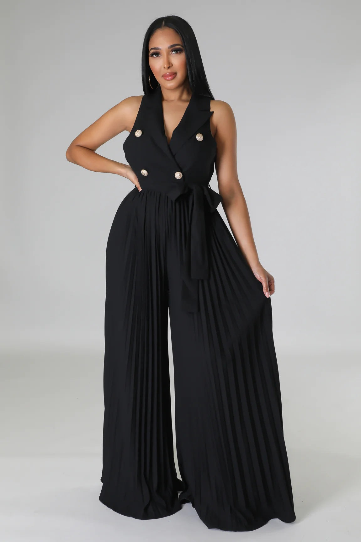 Women Spring V-neck Sleeveless Backless Pleated Wide Leg Jumpsuit