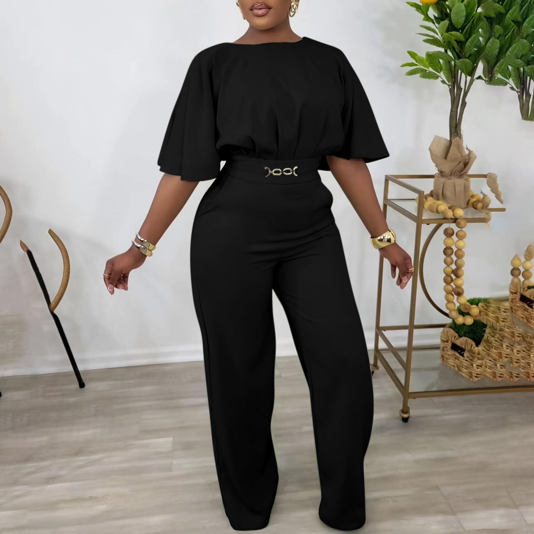 Plus Size Women Loose Solid Wide Leg Jumpsuit 5